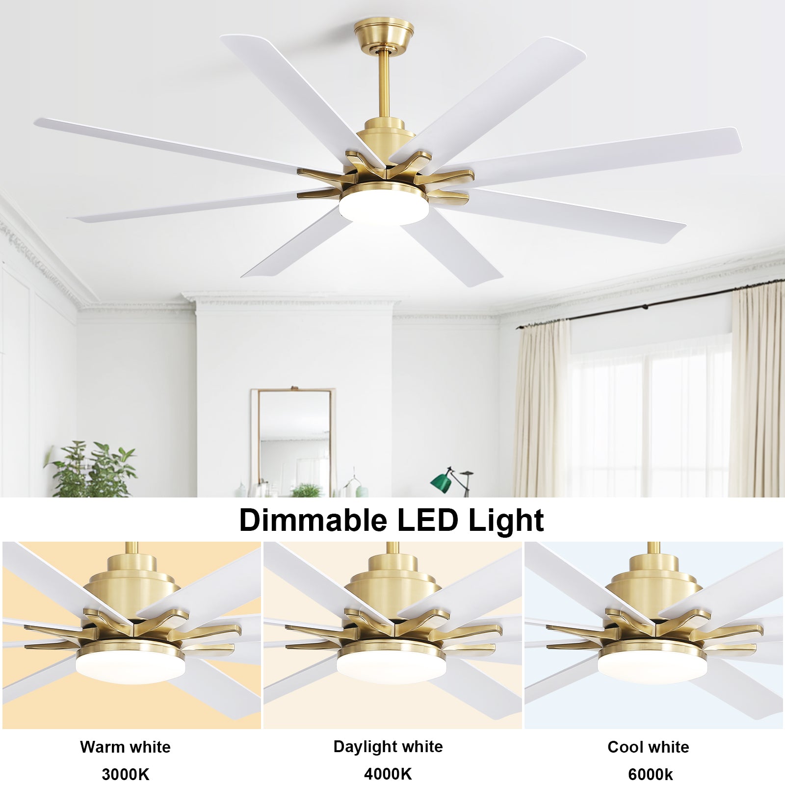 66 Inch Modern Smart Ceiling Fan With Dimmable Led Light 8 ABS Blades Remote Control Reversible DC Motor For Home Office