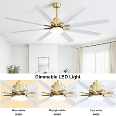 66 Inch Modern Smart Ceiling Fan With Dimmable Led Light 8 ABS Blades Remote Control Reversible DC Motor For Home Office
