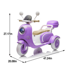 12V Two motors Kids Ride On Level Up Two-seater  Electric Motorcycle,Three-wheel Toy w/Music,Bluetooth,USB,Backseat flip adult seat,Portable Storage Hooks&Oversized  Trunk,LED Headlight  For Kids 3-6.