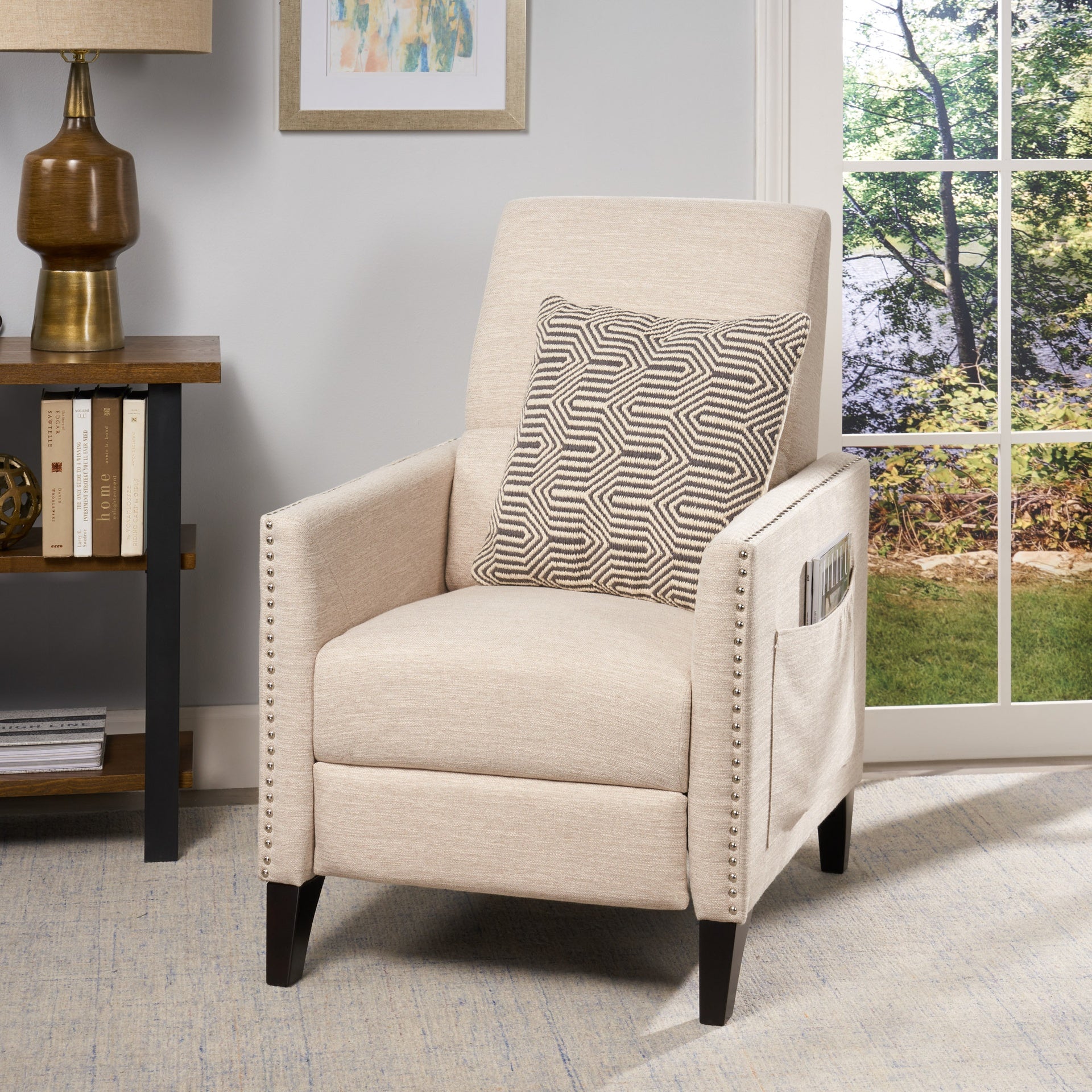 Pushback Recliner Chair with side pocket, Fabric Armchair Push Back Recliner with Rivet Decoration, Mid Century Accent Chair for Living Room, Bedroom