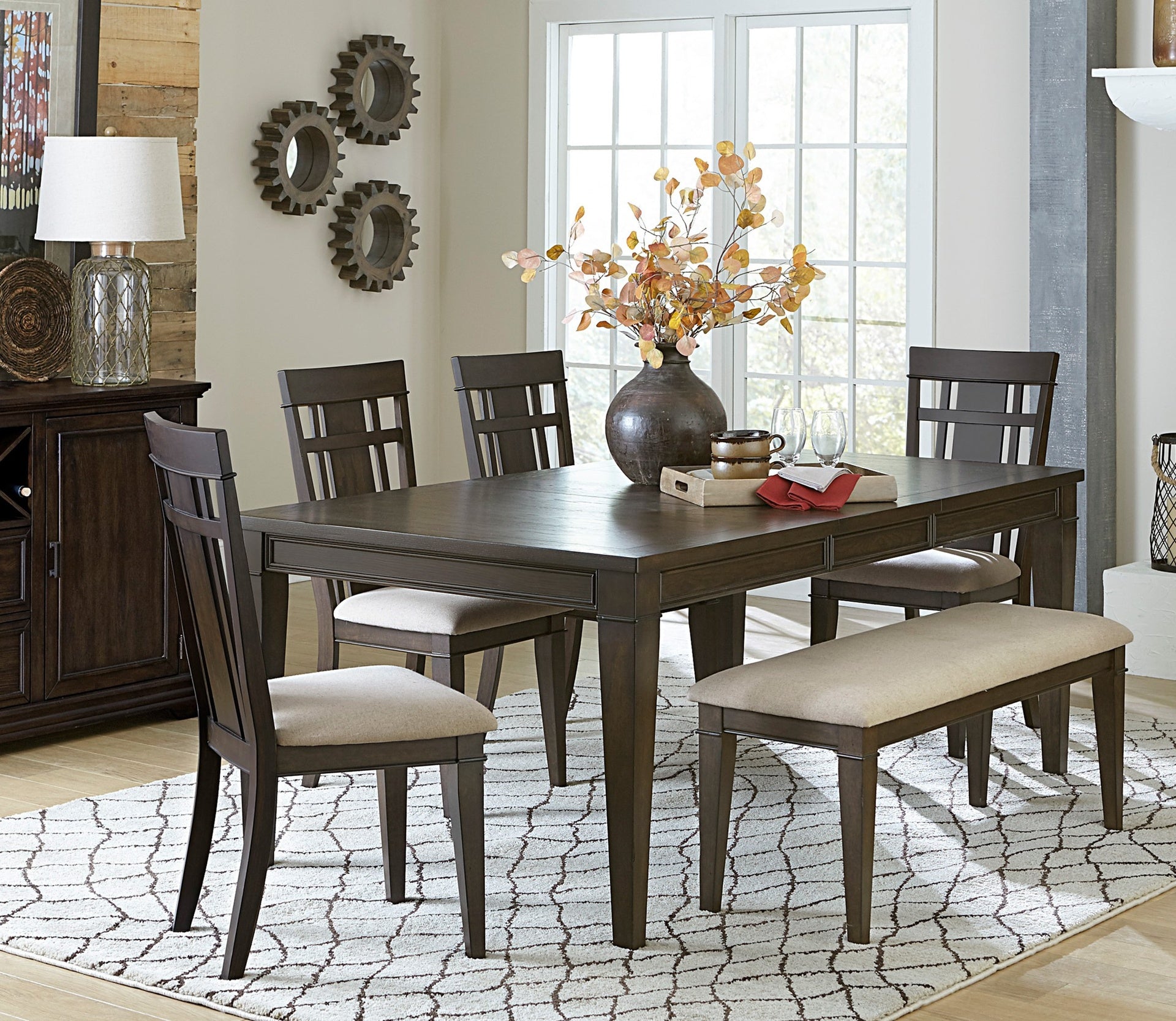 Dark Brown Finish 48-inch Bench 1pc Beige Fabric Upholstered Seat Classic Look Dining Wooden Furniture