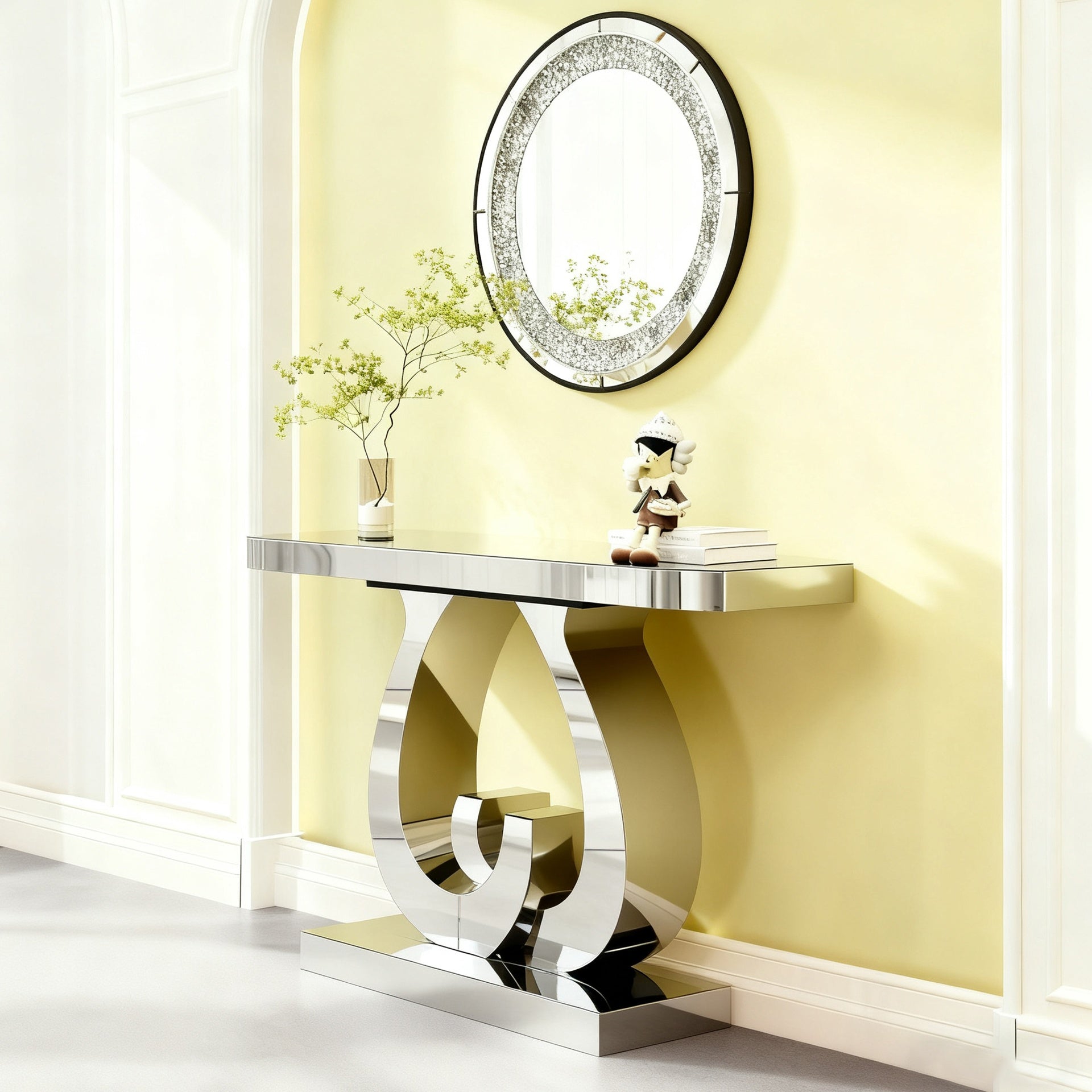 Modern mirror side table glass sofa table with mirror effect entrance table double C-shaped base, rectangular decoration hall table suitable for living room corridor entrance (silver)