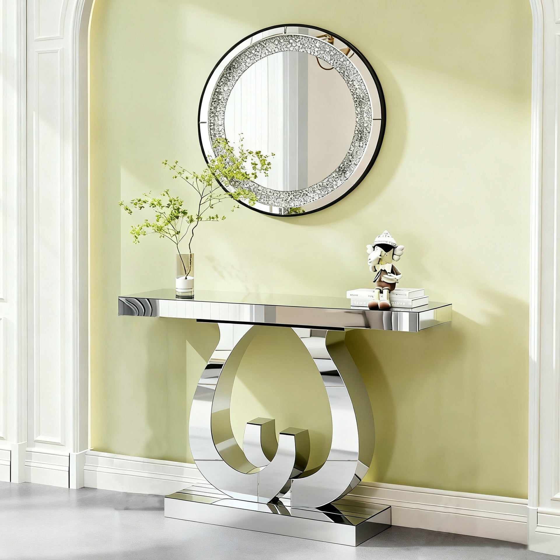 Modern mirror side table glass sofa table with mirror effect entrance table double C-shaped base, rectangular decoration hall table suitable for living room corridor entrance (silver)