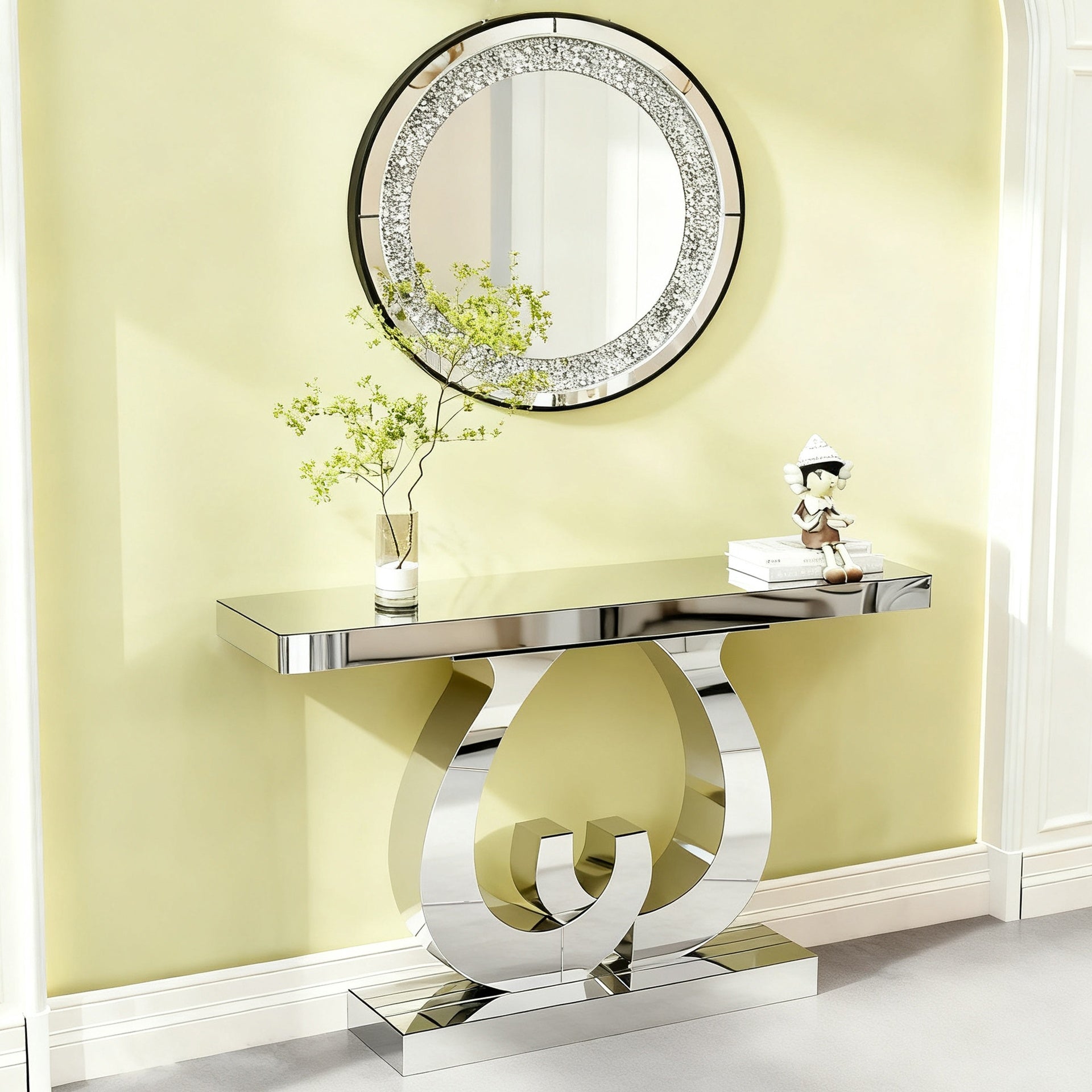 Modern mirror side table glass sofa table with mirror effect entrance table double C-shaped base, rectangular decoration hall table suitable for living room corridor entrance (silver)