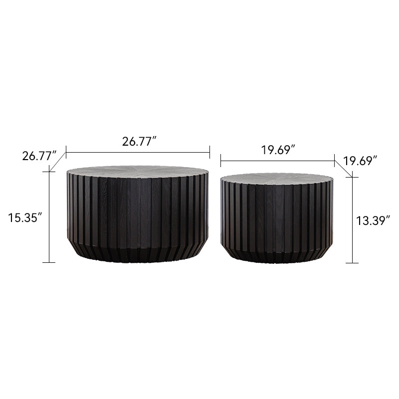 Set of 2 Black Fluted Coffee Table - Solid Wood & MDF Round Accent Tables (26.77"/19.69") for Small Spaces, Fully Assembled Living Room/Bedroom Side Tables