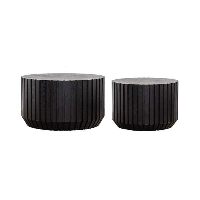 Set of 2 Black Fluted Coffee Table - Solid Wood & MDF Round Accent Tables (26.77"/19.69") for Small Spaces, Fully Assembled Living Room/Bedroom Side Tables