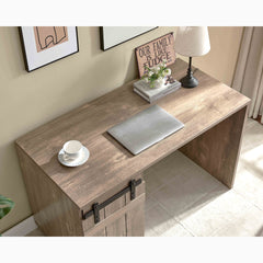 Home Office Desk Hazelnut One Cabinet Three Shelves Faux Barn Door on Metal Euro Hinges Modesty Panel