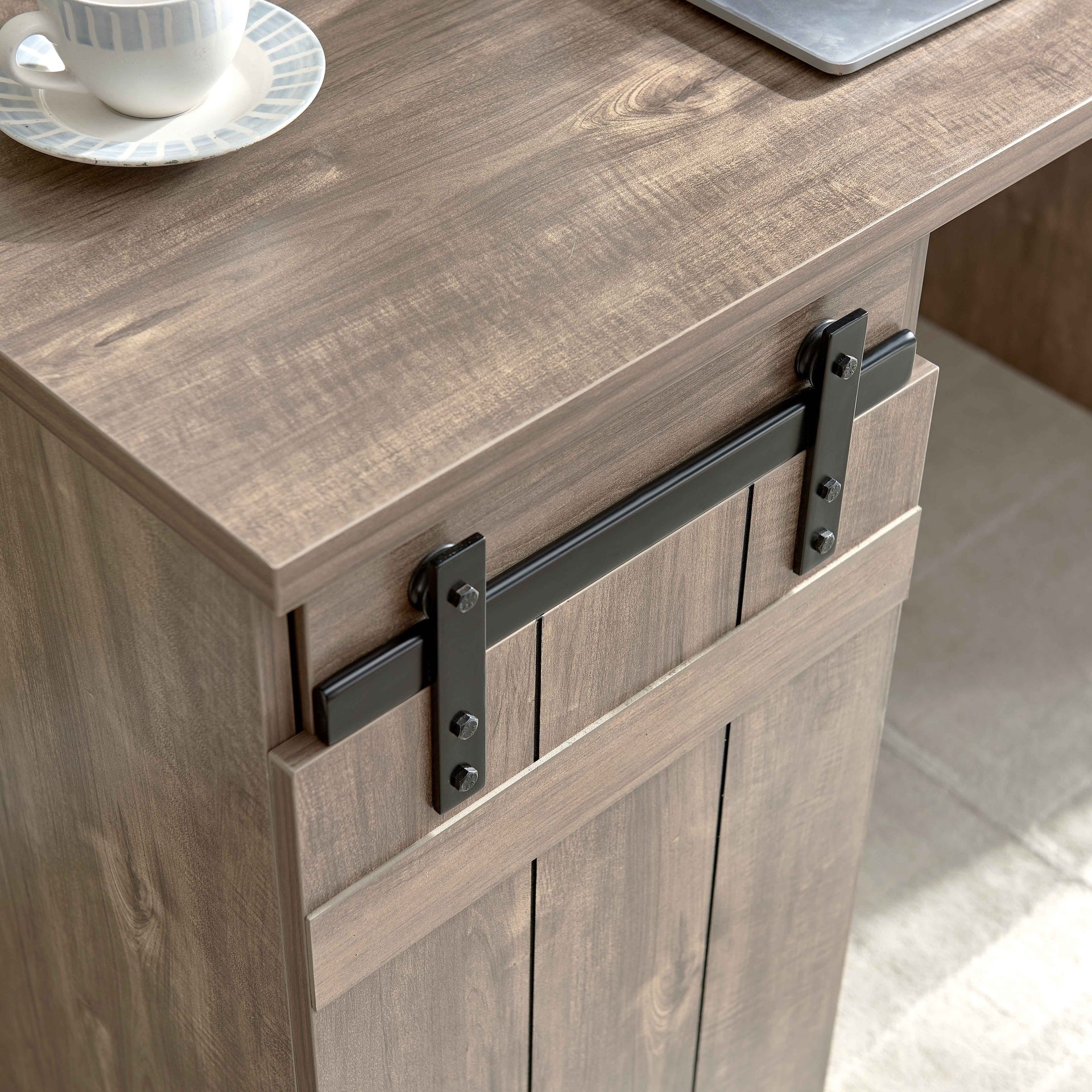 Home Office Desk Hazelnut One Cabinet Three Shelves Faux Barn Door on Metal Euro Hinges Modesty Panel