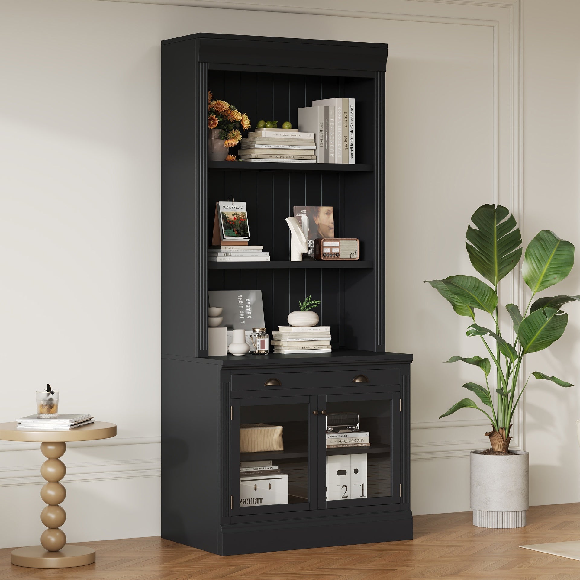 83.4"Tall Bookshelf, Modern Bookcase with 2 Glass Doors and 1 Drawer,Storage Bookcase with Open Shelves for Living Room,Home Office,Black