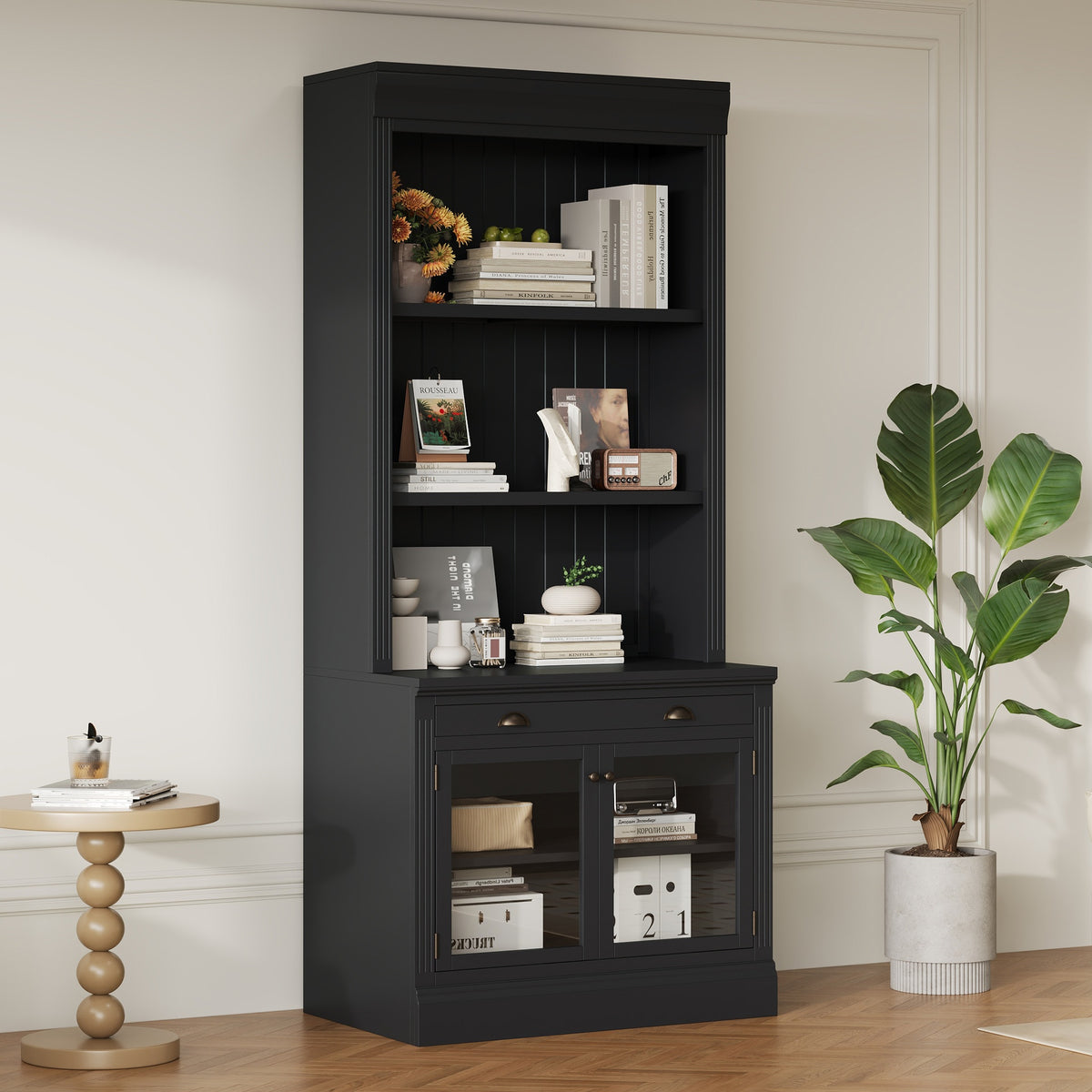 83.4"Tall Bookshelf, Modern Bookcase with 2 Glass Doors and 1 Drawer,Storage Bookcase with Open Shelves for Living Room,Home Office,Black