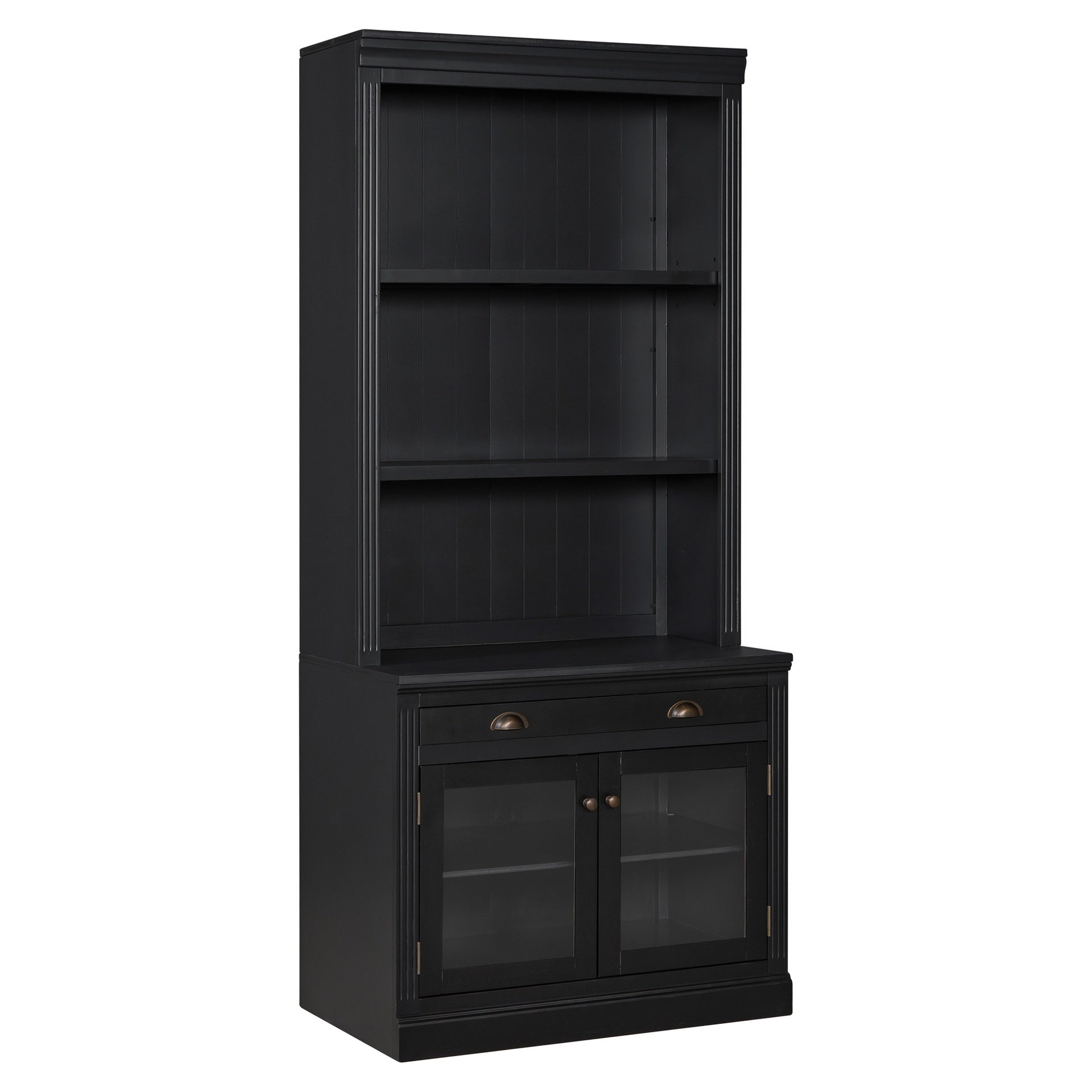 83.4"Tall Bookshelf, Modern Bookcase with 2 Glass Doors and 1 Drawer,Storage Bookcase with Open Shelves for Living Room,Home Office,Black