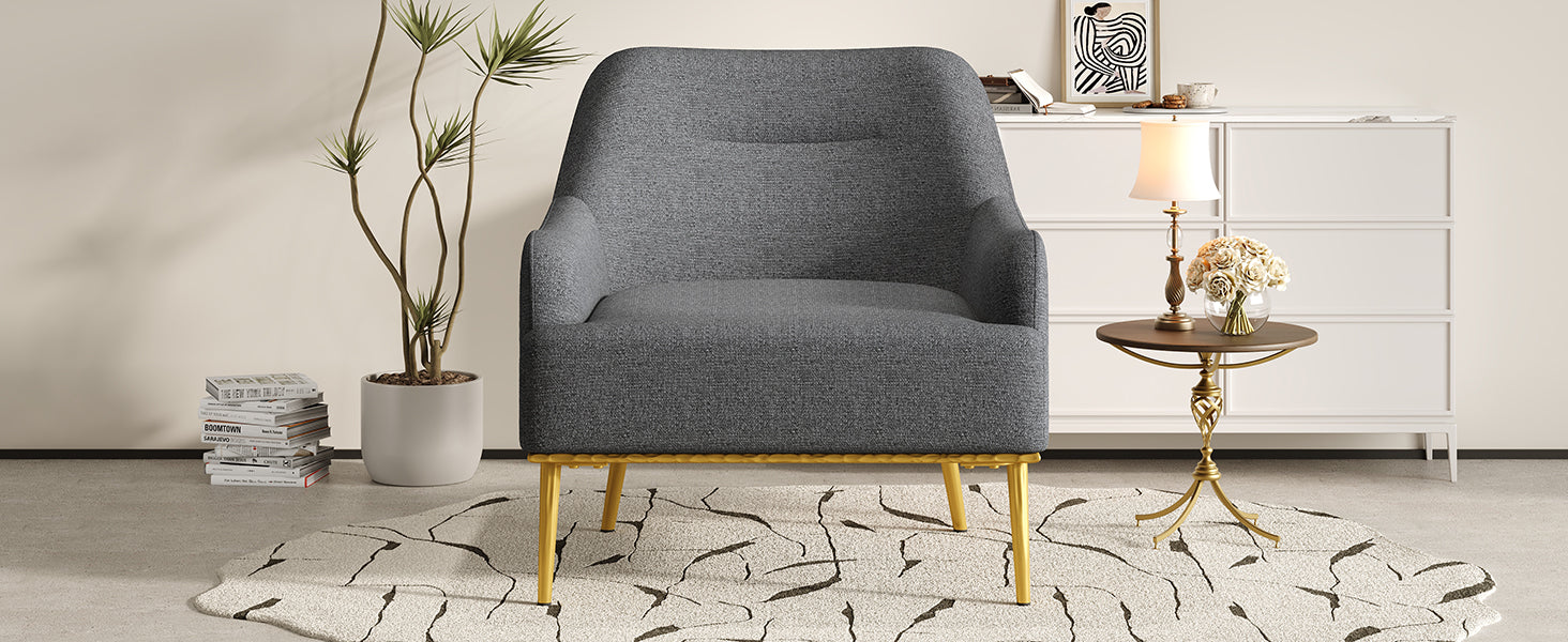 Modern Accent Chair Upholstered Armchair Single Sofa Chair with Curved Backrest and Gold Metal Legs for Living Room, Bedroom or Reading Corner, Dark Gray
