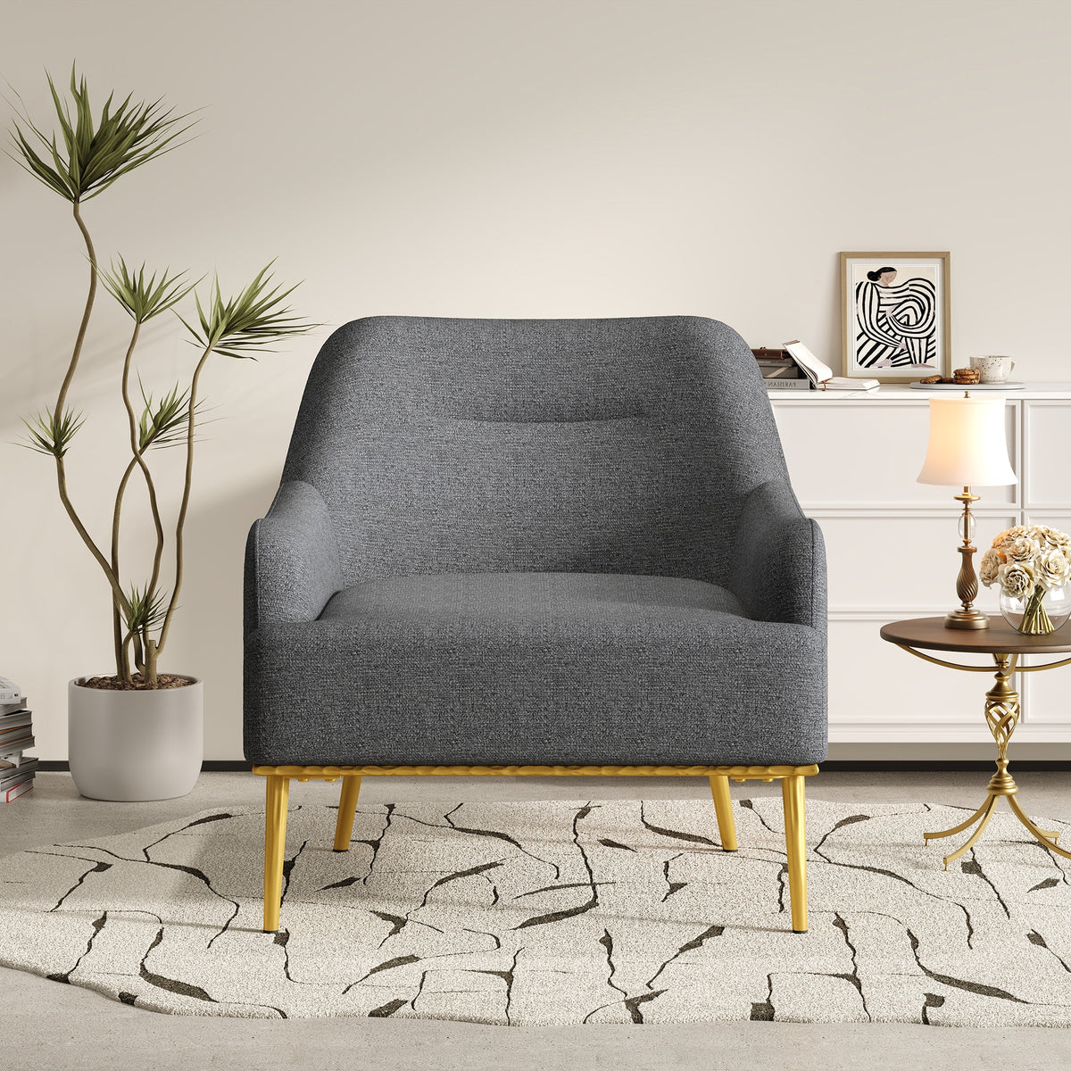 Modern Accent Chair Upholstered Armchair Single Sofa Chair with Curved Backrest and Gold Metal Legs for Living Room, Bedroom or Reading Corner, Dark Gray