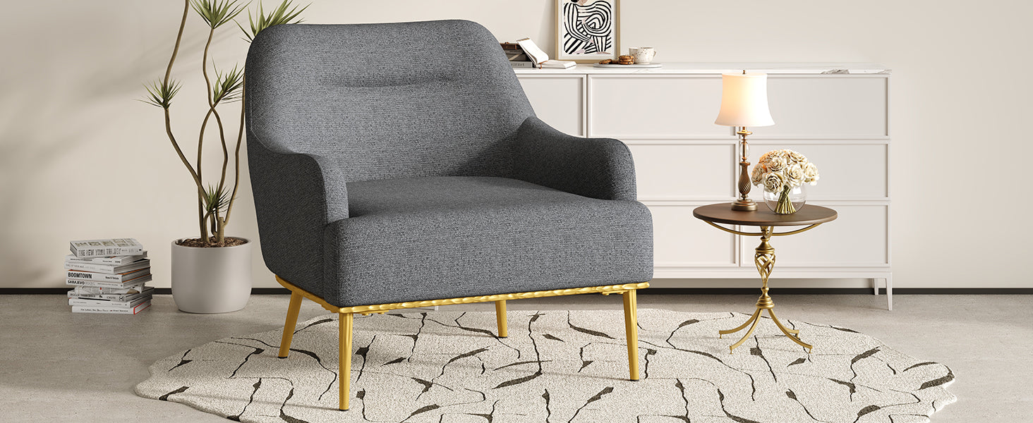 Modern Accent Chair Upholstered Armchair Single Sofa Chair with Curved Backrest and Gold Metal Legs for Living Room, Bedroom or Reading Corner, Dark Gray