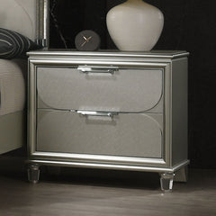 Glamorous Luxury Silver Fabric Upholstered Queen Size Bed w LED 2x Nightstands Embossed Panel 3pc Set Bedroom Furniture