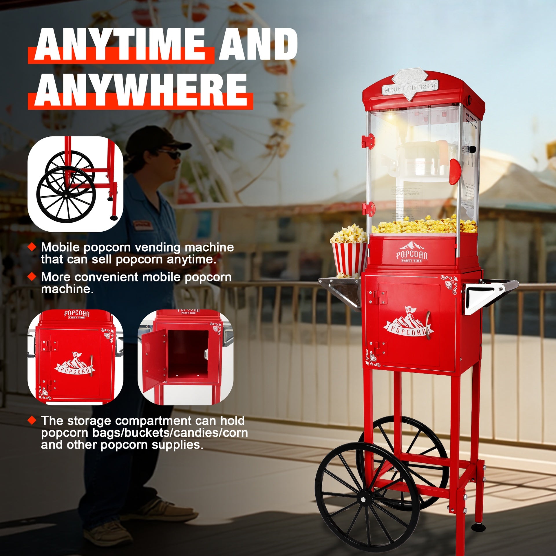 Popcorn Machine with Cart ,Wheels & 10 Oz Kettle Popcorn Maker  Measuring 3 plastic spoon Home Theater Popcorn Machine-Red