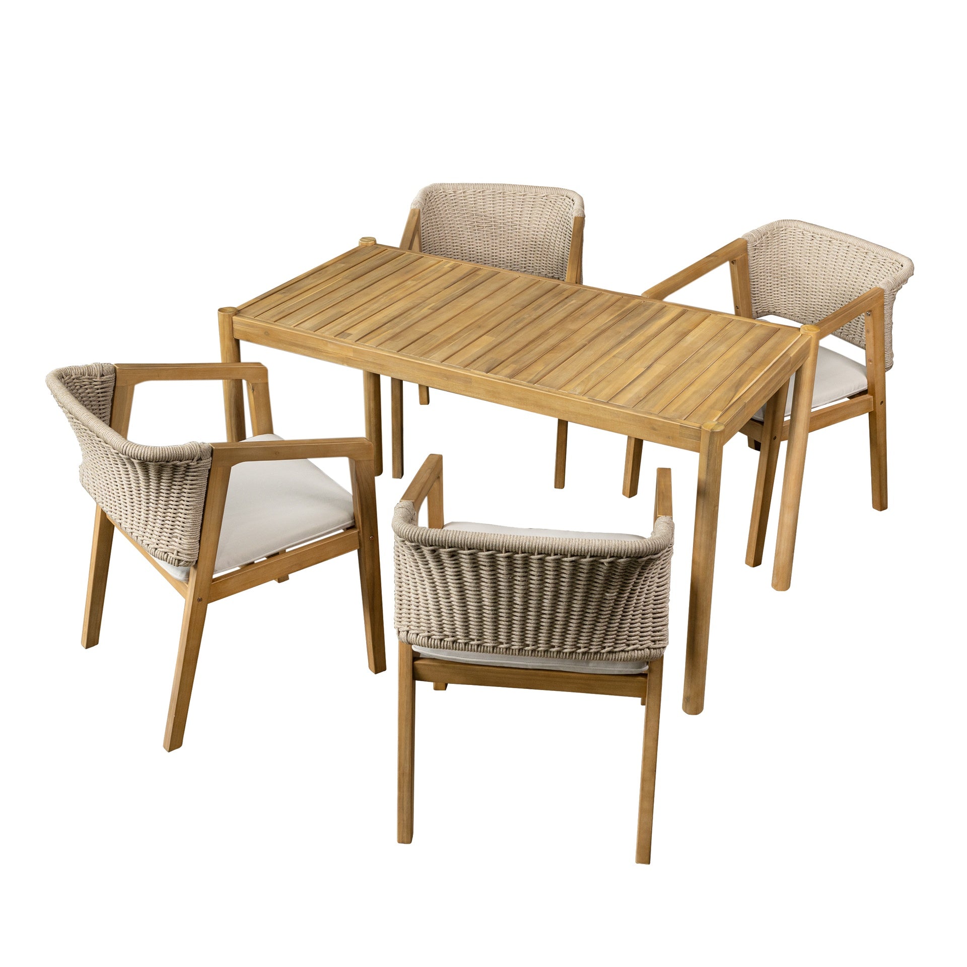 Acacia Wood Outdoor Dining Set of 5, Dining Furniture Set with 1 Table 4 Chairs, Teak and Beige