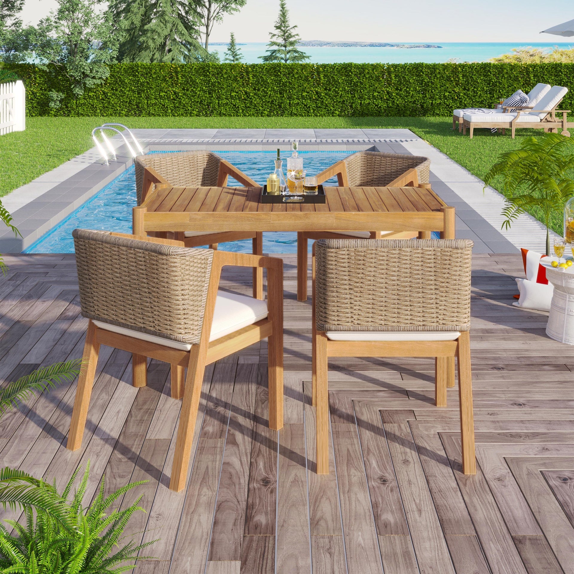 Acacia Wood Outdoor Dining Set of 5, Dining Furniture Set with 1 Table 4 Chairs, Teak and Beige