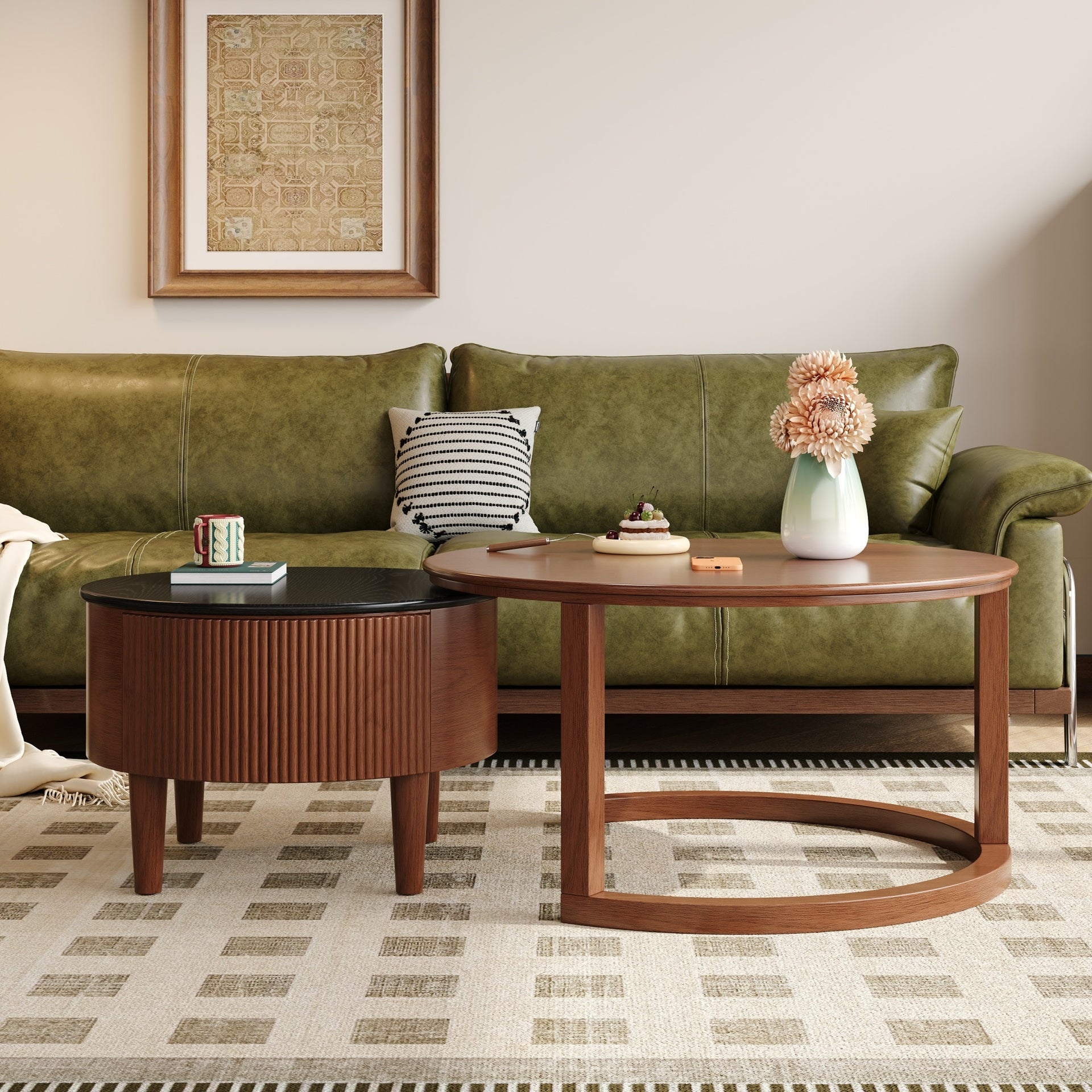 Vintage Round Nesting Coffee Table Fluted with Drawer in Black & Walnut in 31.5''