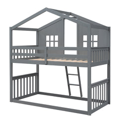 Twin Over Twin House Bunk Bed With Ladder, Wood Bed-Gray