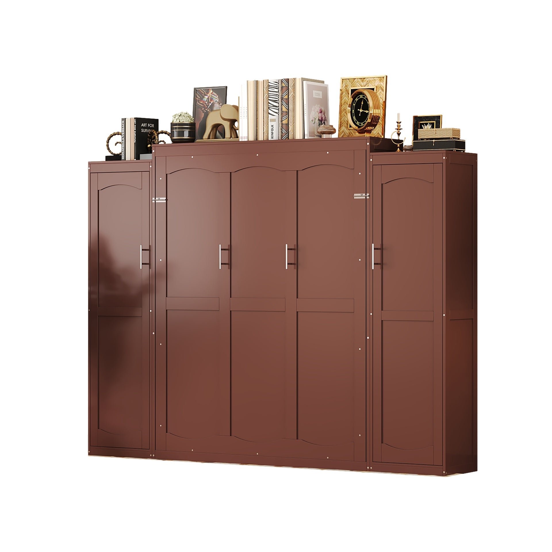 Full Size Murphy Bed, Wooden Full Wall Bed with 2 Wardrobe and Storage Shelf, Multifunctional Foldable Platform Bedframe for Guest-Room, Bedroom, Walnut
