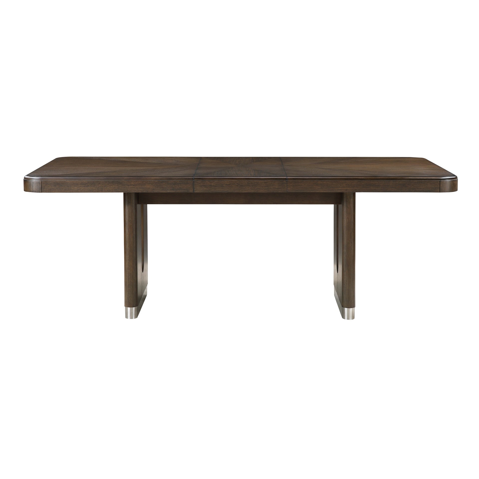 Modern Rectangular Dining Table with Extension Leaf Durable Unique Metallic Accent Base Brown Finish Wooden Dining Furniture 1pc
