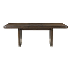 Modern Rectangular Dining Table with Extension Leaf Durable Unique Metallic Accent Base Brown Finish Wooden Dining Furniture 1pc