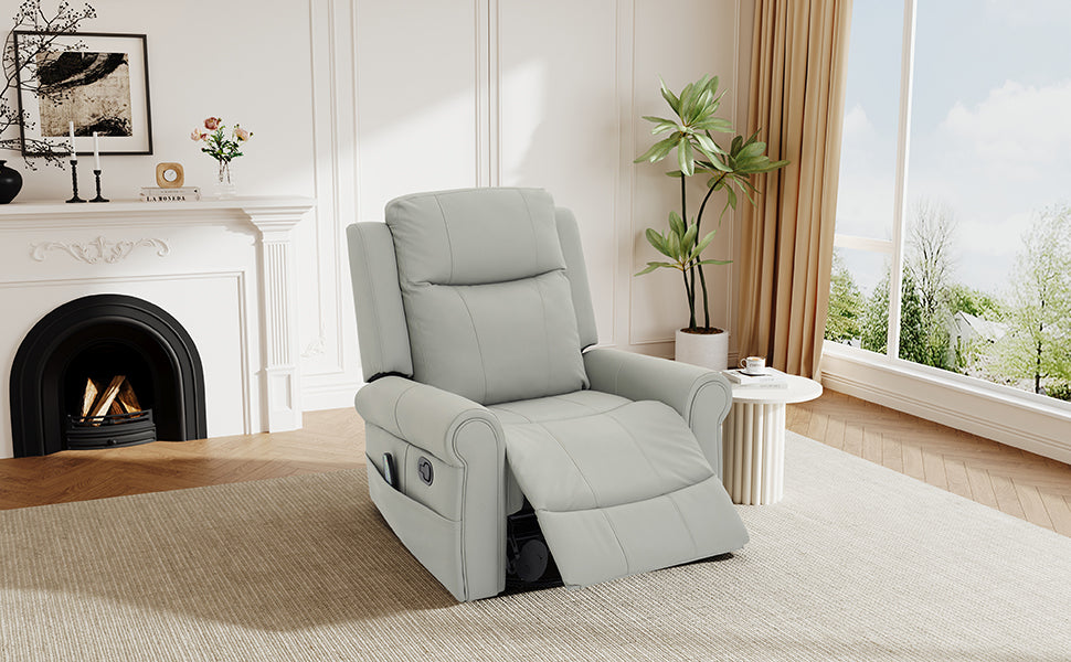 Manual Recliner 270°Swivel Rocker Recliner Chair PU Leather Recliner with Massage and Heating, Dual Reclining Positions and Side Pocket and for Living Room, Bedroom, or Nursery,Grey