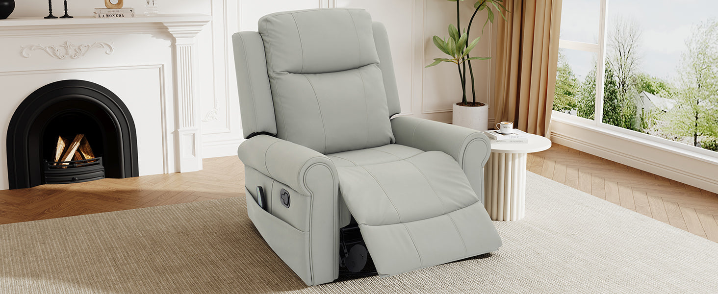 Manual Recliner 270°Swivel Rocker Recliner Chair PU Leather Recliner with Massage and Heating, Dual Reclining Positions and Side Pocket and for Living Room, Bedroom, or Nursery,Grey