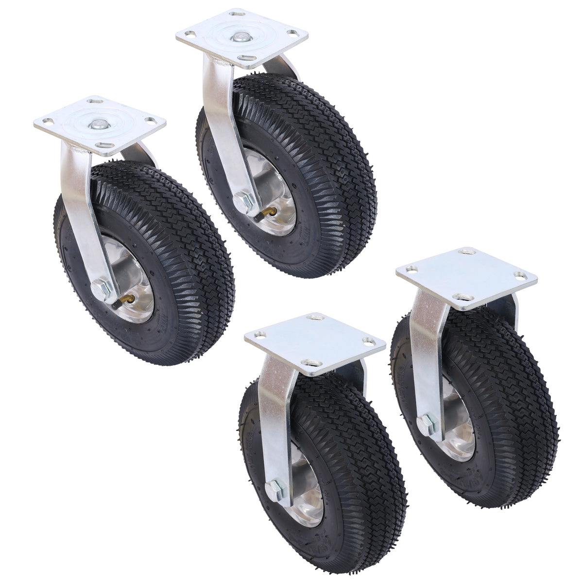 4PCS 10IN CASTER pneumatic tire(2PCS SWIVEL+2PCS RIGID), Caster Wheel, Steel Hub with Ball Bearings, 5/8-Inch Bore Centered Axle -black
