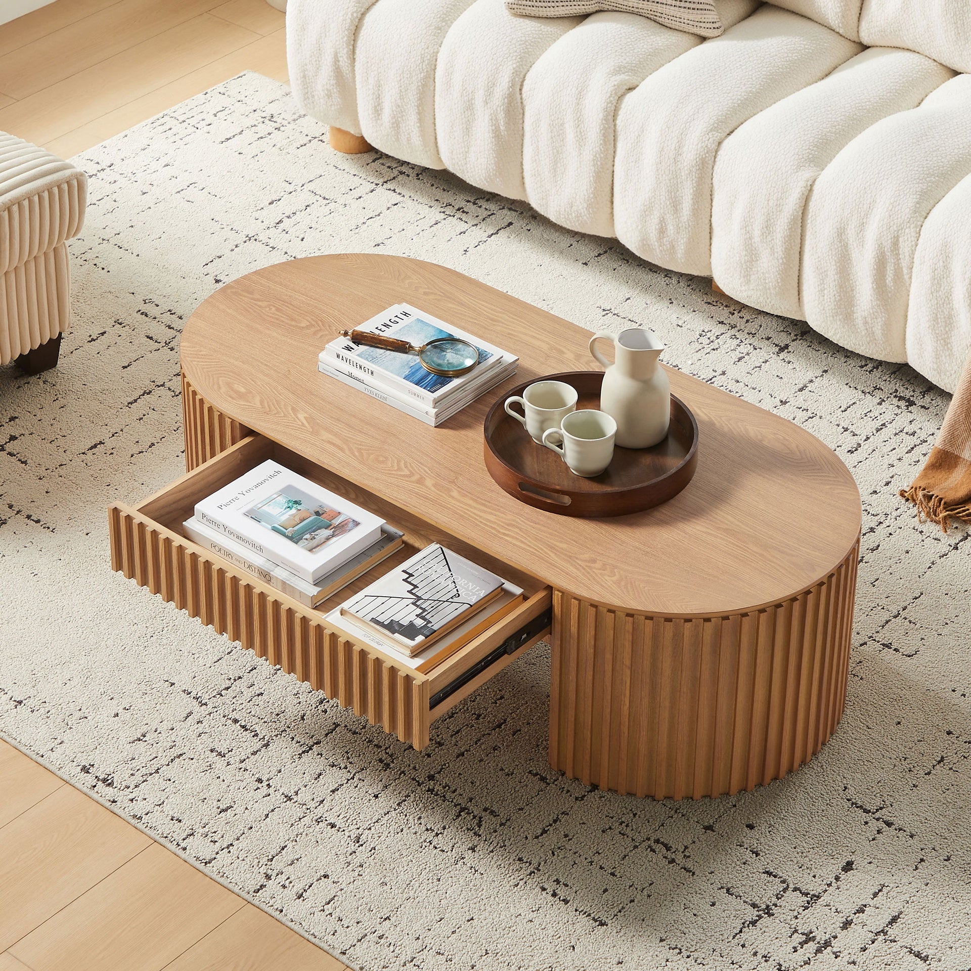 51.18'' Oval Wood Coffee Table With Drawer  Mid Century Modern Coffee Table Unique Coffee Table for Living Room Furniture, Tea Table OAK