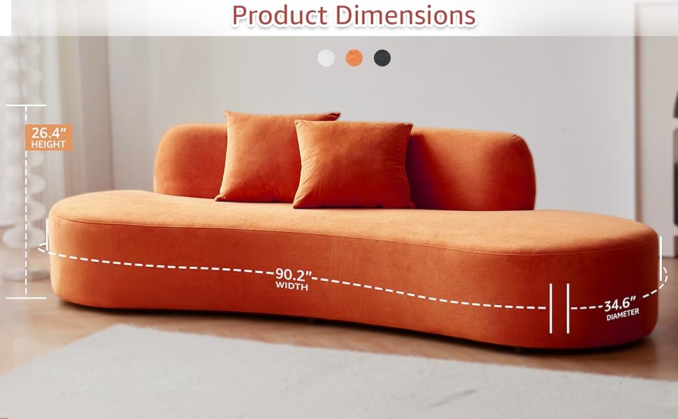 90" Curved Sofa with Throw Pillows, 4 Seater Luxury Velvet Couch with Half Moon Design and High-Density Foam, Ideal for Modern Living Room, Office & Apartment, Red Orange