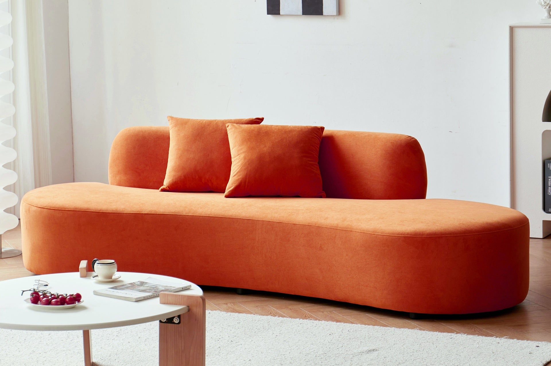 90" Curved Sofa with Throw Pillows, 4 Seater Luxury Velvet Couch with Half Moon Design and High-Density Foam, Ideal for Modern Living Room, Office & Apartment, Red Orange