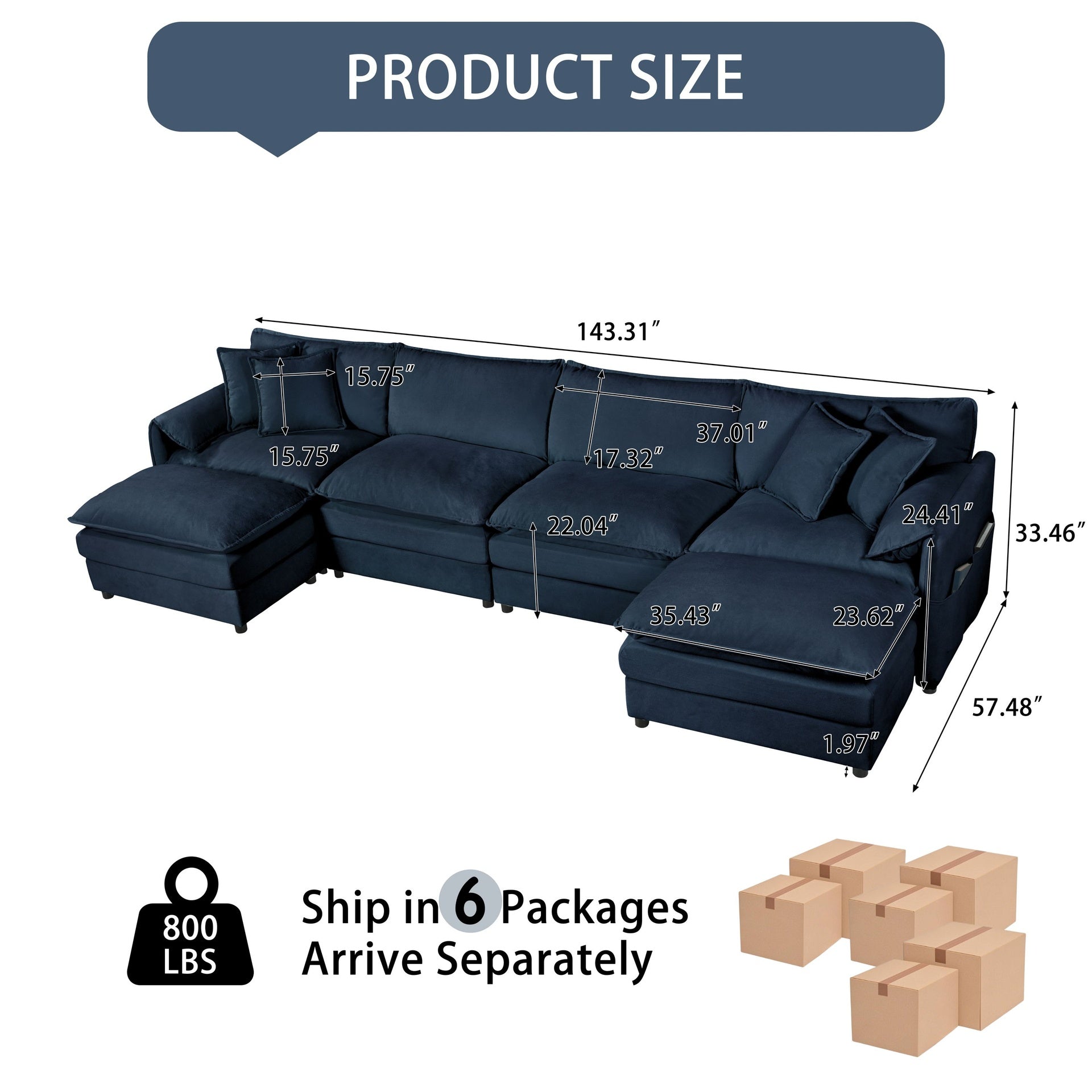 Modular Sectional Sofa, Oversized Deep Seat U Shaped Couch Set for Living Room, 4-Seater Comfy Cloud Couches with 2 Movable Ottomans, DIY Combination, Chenille,Blue
