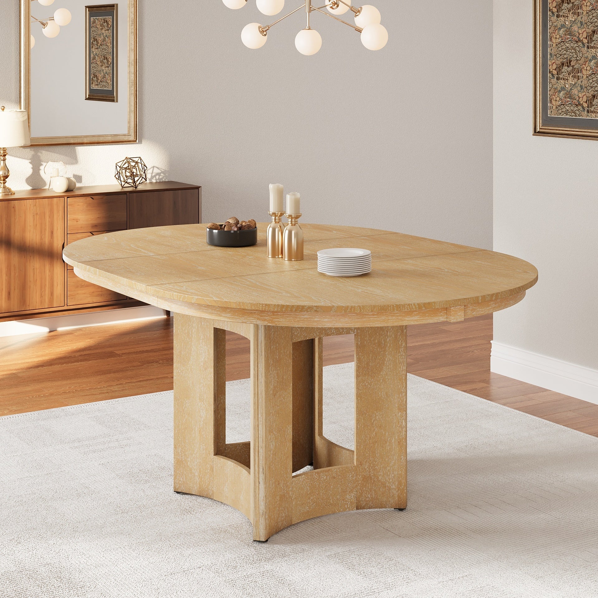 TOPMAX Farmhouse Extendable Round Dining Table with 16inch Removable Leaf for Small Places, Natural