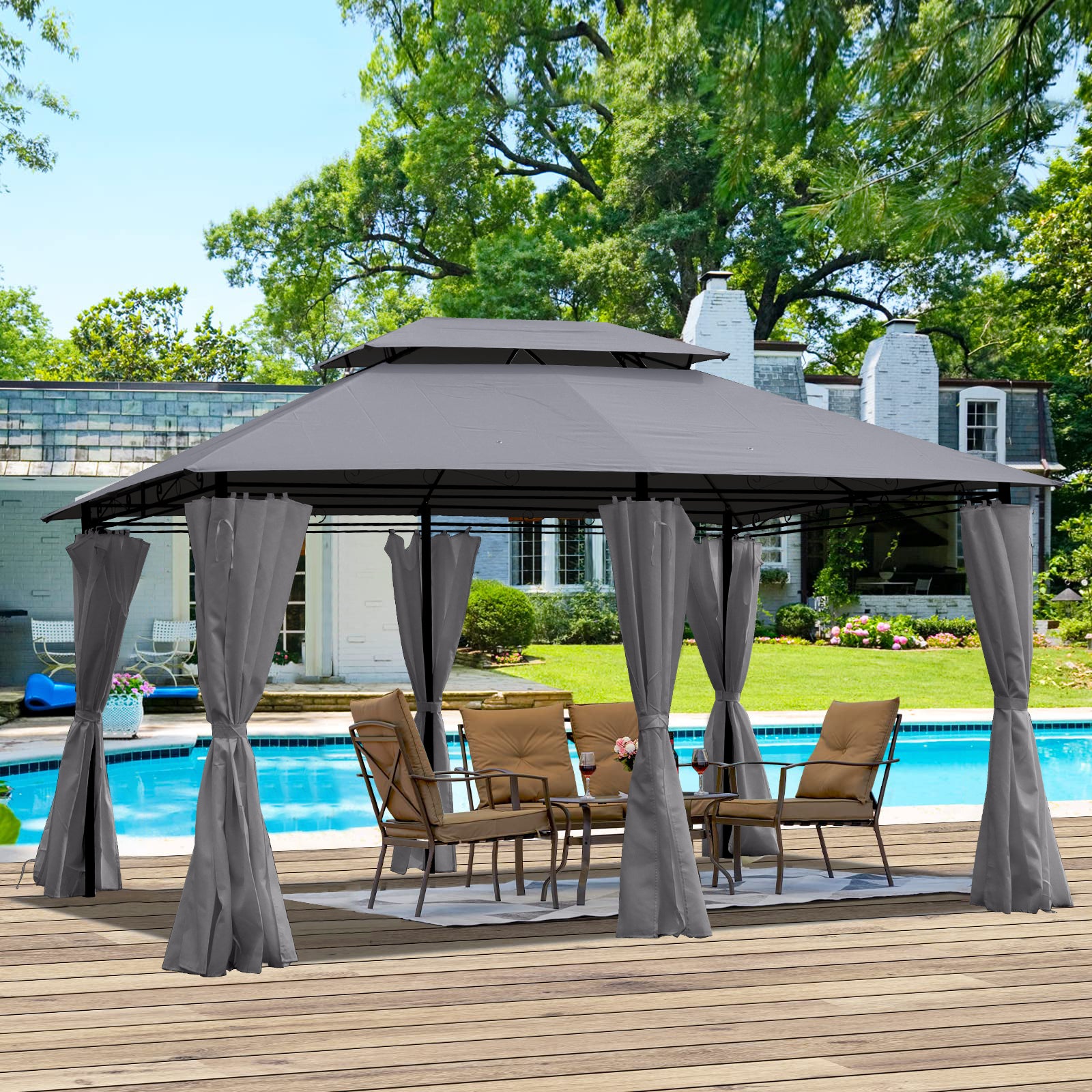 13x10 Outdoor Patio Gazebo Canopy Tent With Ventilated Double Roof And SideWall(Detachable Curtain Included On All Sides),Suitable for Lawn, Garden, Backyard and Deck,GREY