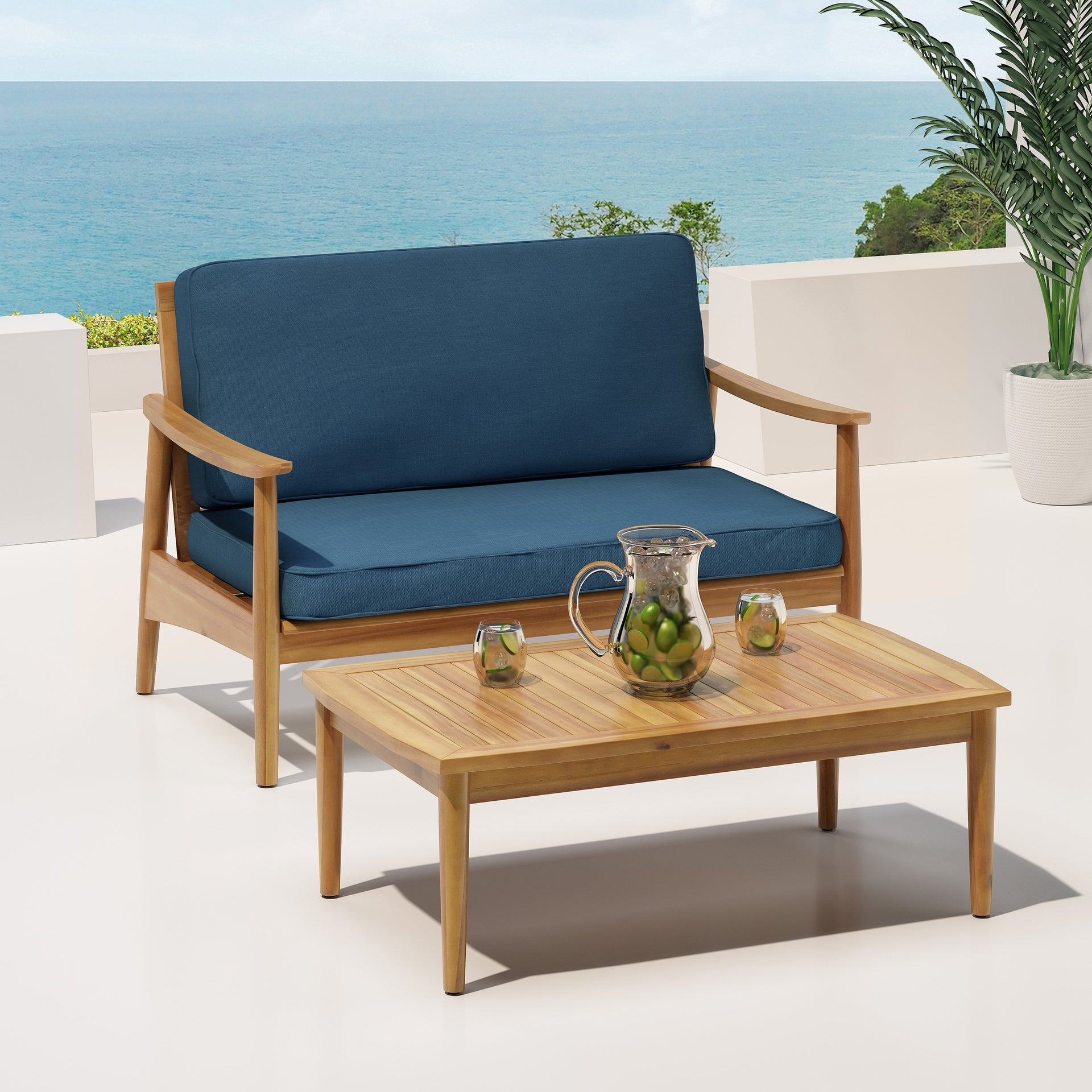 Patio Loveseat and Coffee Table Set, Patio Furniture Set with Cushion, Acacia Wood Frame Conversation Set for Garden, Backyard, Porch and Poolside, Minimalistic Style