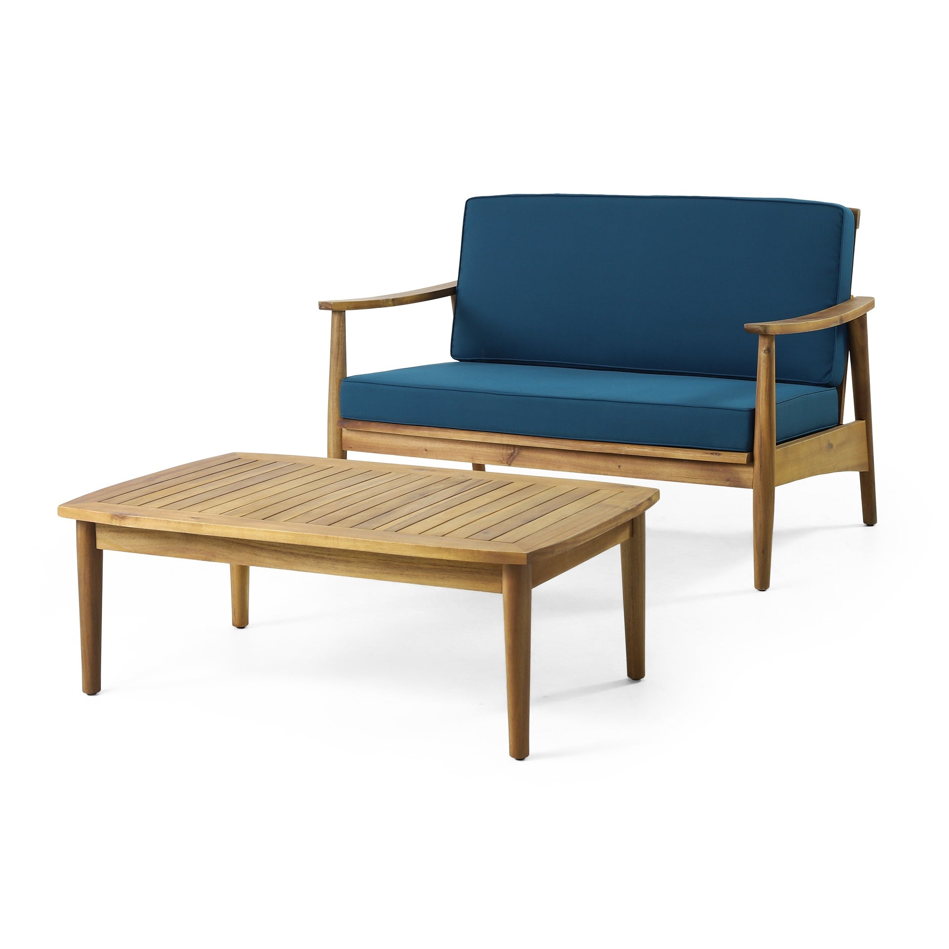 Patio Loveseat and Coffee Table Set, Patio Furniture Set with Cushion, Acacia Wood Frame Conversation Set for Garden, Backyard, Porch and Poolside, Minimalistic Style