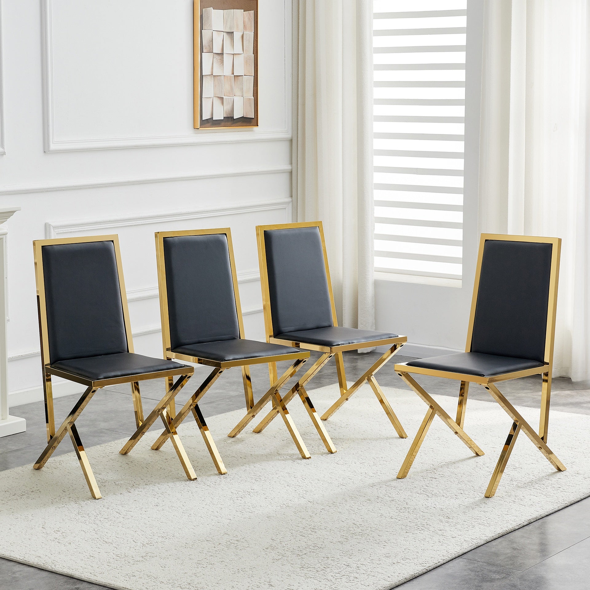 4-pack gold metal framed black PU dining chairs: ergonomic design, a simple and luxurious choice.Featuring uniquely designed gold metal legs.