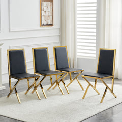 4-pack gold metal framed black PU dining chairs: ergonomic design, a simple and luxurious choice.Featuring uniquely designed gold metal legs.