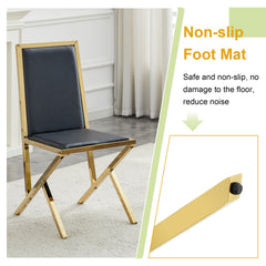 4-pack gold metal framed black PU dining chairs: ergonomic design, a simple and luxurious choice.Featuring uniquely designed gold metal legs.