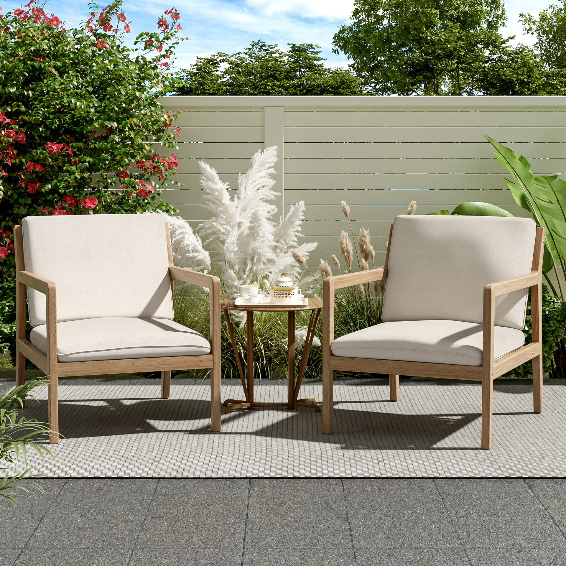 Outdoor Acacia Wood Armchair, Set of 2, Patio Club Chair with Cushions, Light Teak
