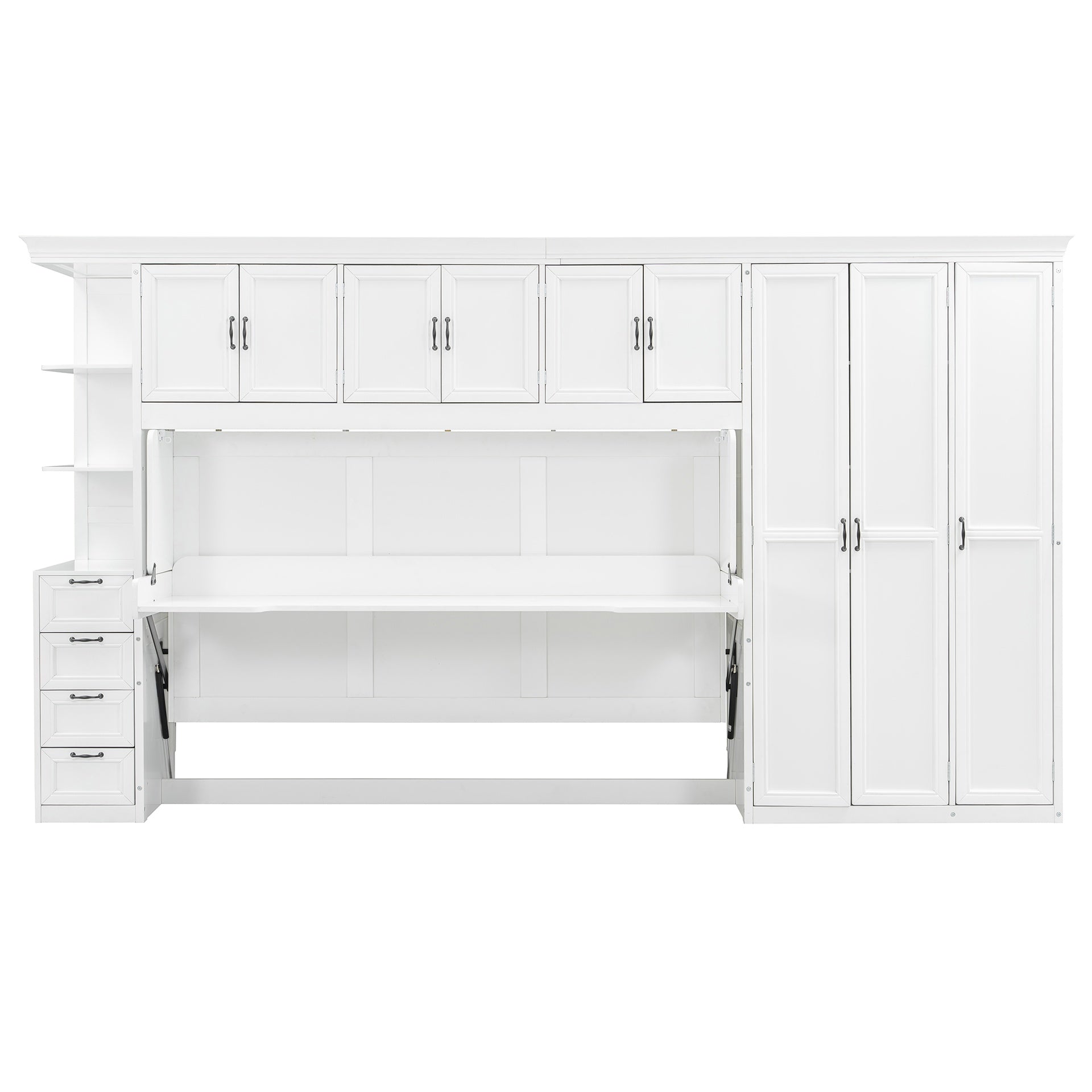 Twin Size Murphy Bed Wall Bed with Wardrobe, Cabinet and Desk, White
