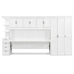 Twin Size Murphy Bed Wall Bed with Wardrobe, Cabinet and Desk, White