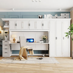 Twin Size Murphy Bed Wall Bed with Wardrobe, Cabinet and Desk, White