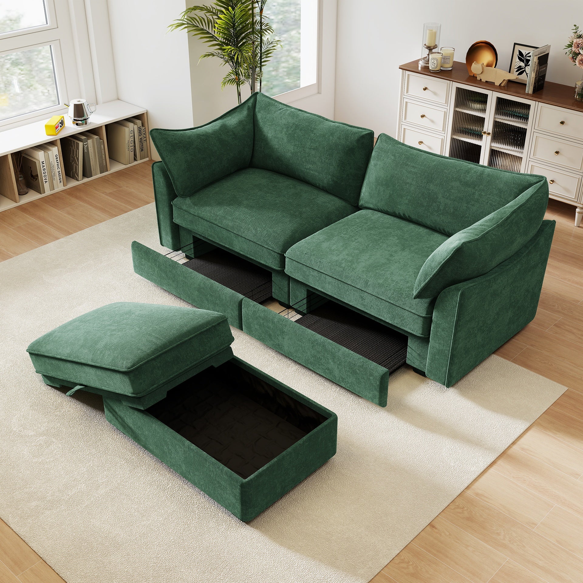 2 Seater Sofa With Footrest , 2-Seat Sofa with 1 Movable Ottoman,  Pull out Storage Drawer Under Each Seat,Chenille Green