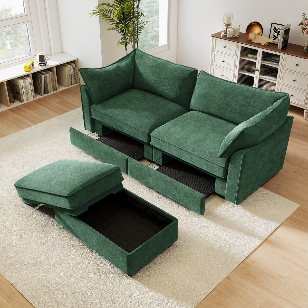 2 Seater Sofa With Footrest , 2-Seat Sofa with 1 Movable Ottoman,  Pull out Storage Drawer Under Each Seat,Chenille Green