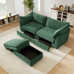 2 Seater Sofa With Footrest , 2-Seat Sofa with 1 Movable Ottoman,  Pull out Storage Drawer Under Each Seat,Chenille Green