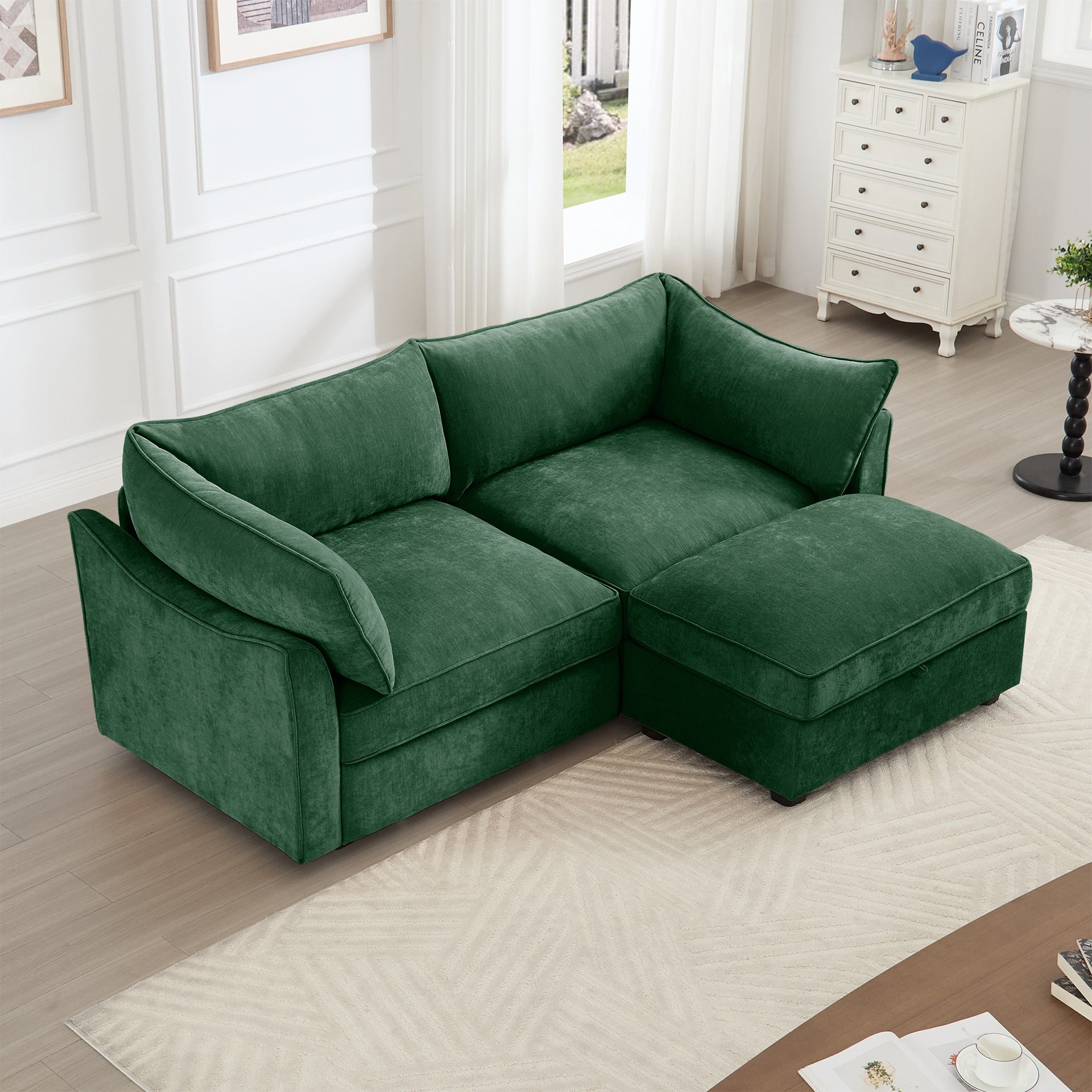 2 Seater Sofa With Footrest , 2-Seat Sofa with 1 Movable Ottoman,  Pull out Storage Drawer Under Each Seat,Chenille Green