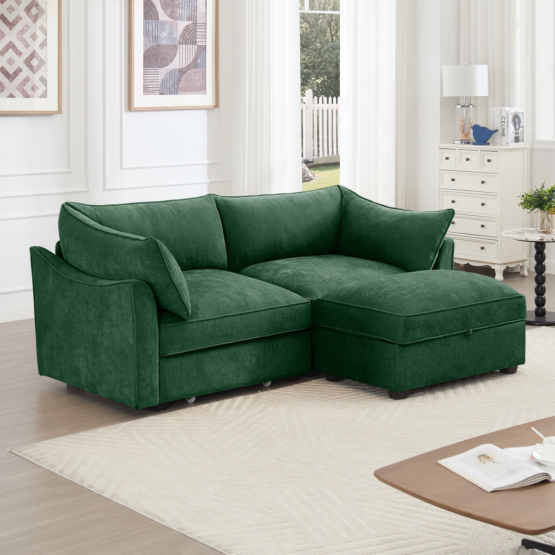 2 Seater Sofa With Footrest , 2-Seat Sofa with 1 Movable Ottoman,  Pull out Storage Drawer Under Each Seat,Chenille Green